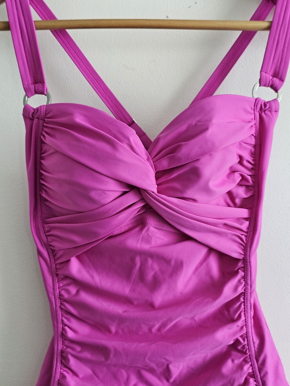 DKNY Hot Pink Ruched Twist Front One Piece Swimsuit Criss Cross Straps S - Picture 2 of 7